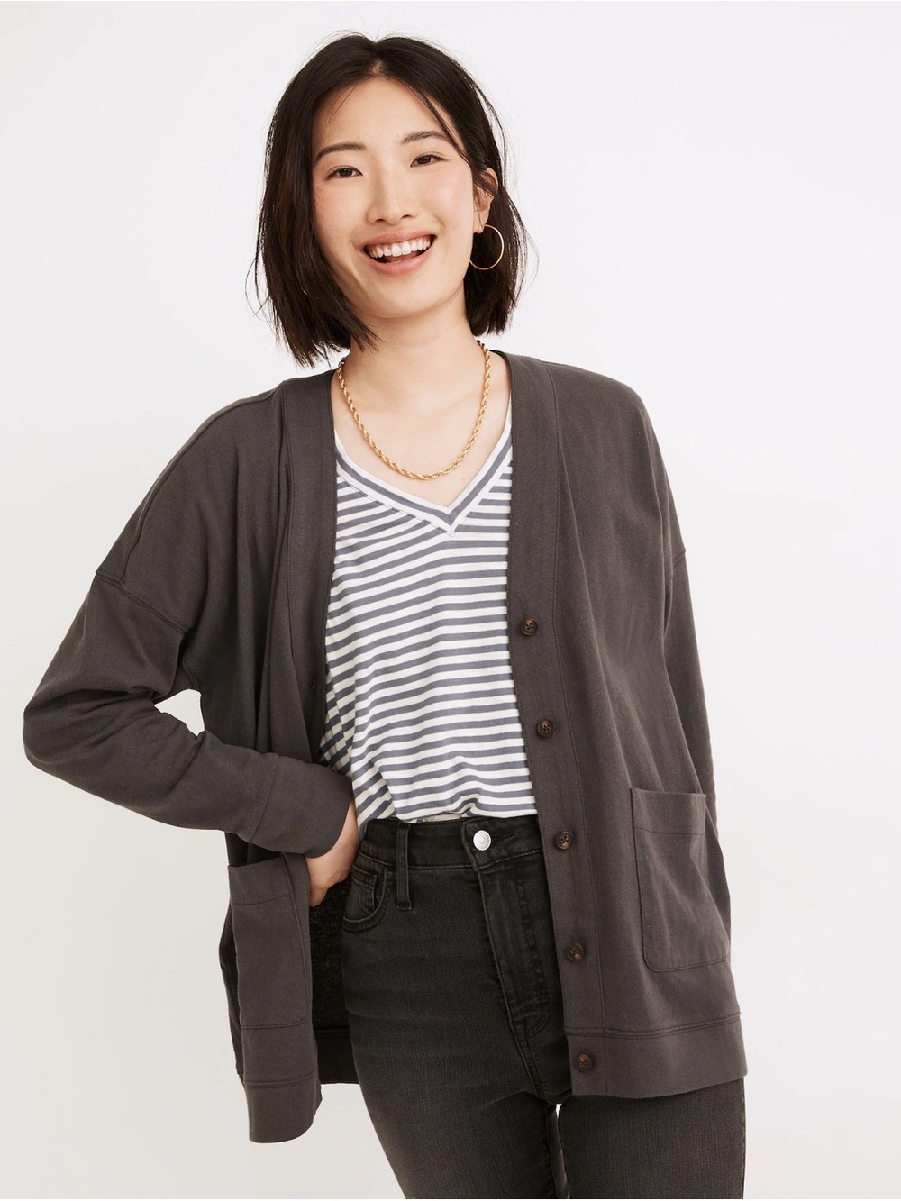 Madewell Cardigan Tee NB323 Coal Gray Organic Cotton Button Front Cardigan